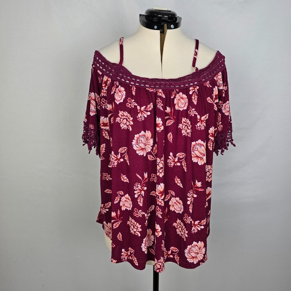 Stella Tweed Blouse Women's 2X Burgundy Pink Floral Off Shoulder Crochet Straps